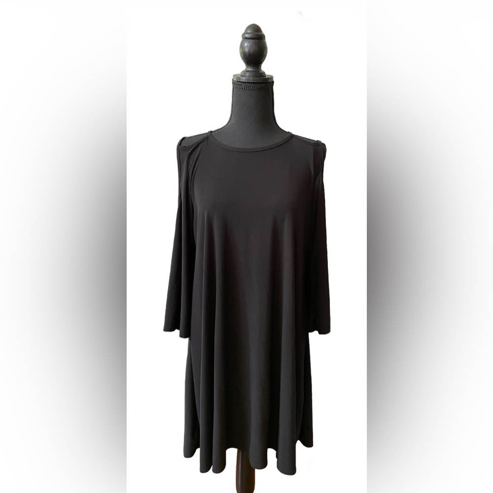 Pinc: Black Slinky Cold Shoulder Dress with 3/4 Sleeves